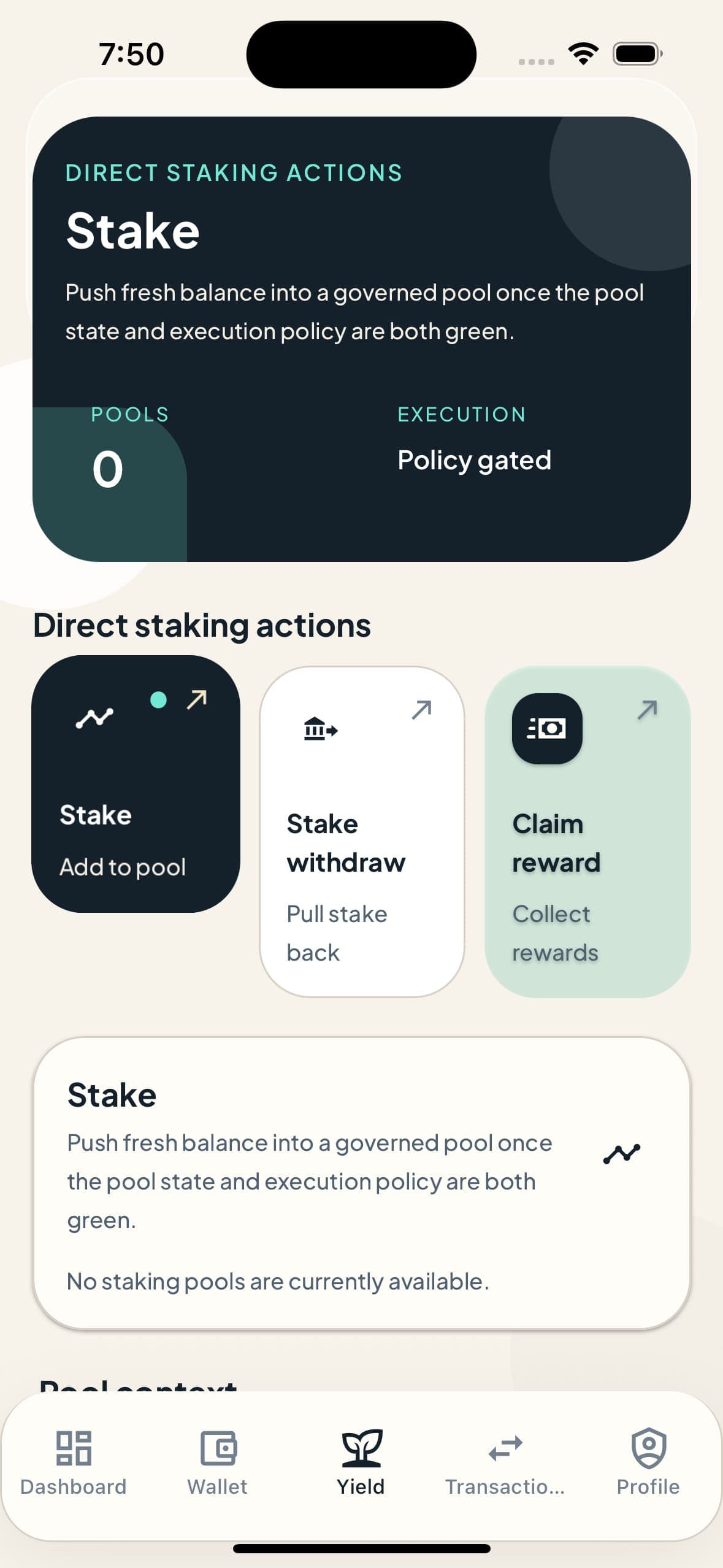 Stealth Trails Bank mobile staking interface